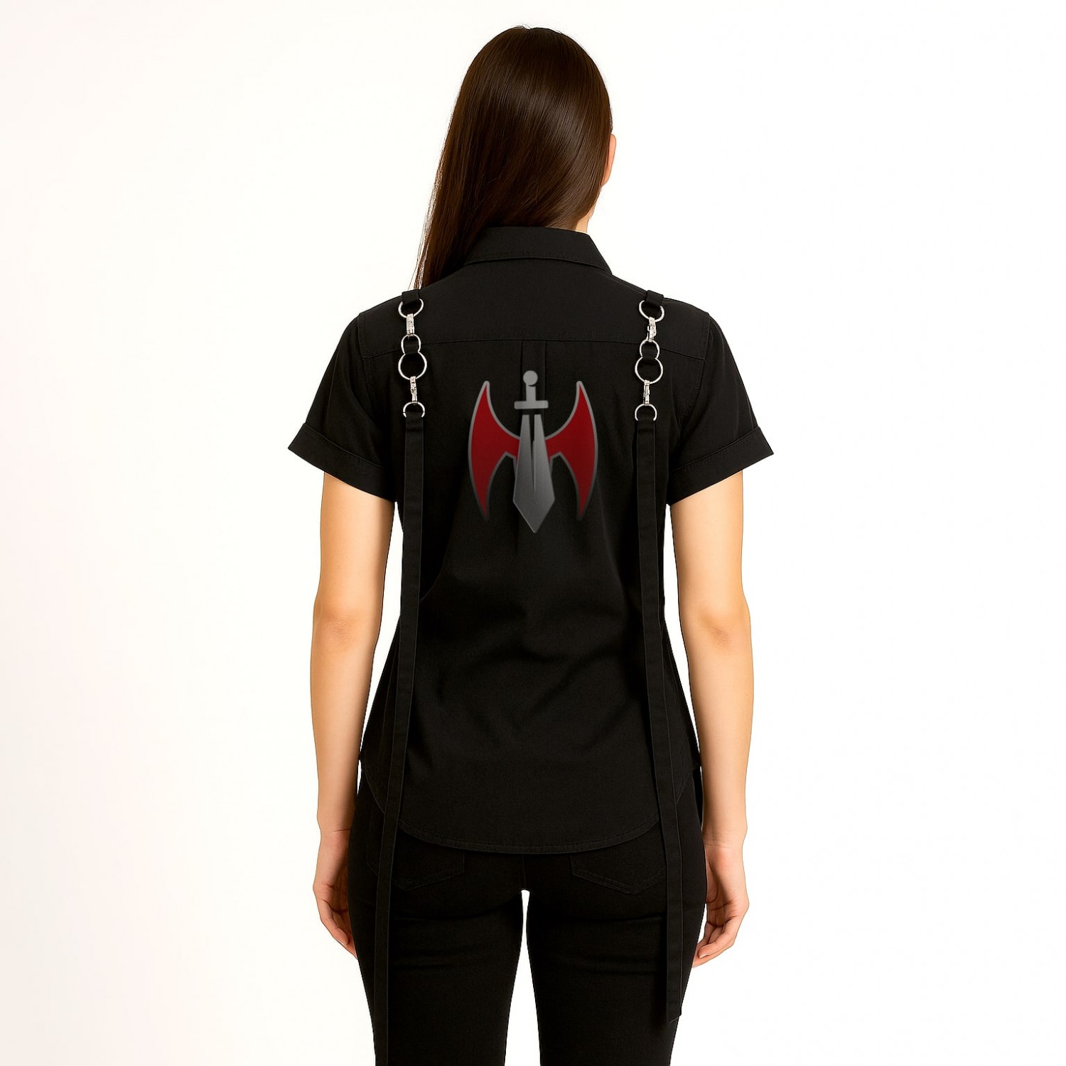 Women’s Gothic Black Shirt with Metal Ring Strap Detailing